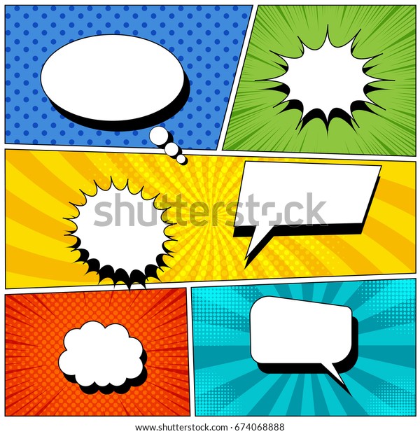 Comic book page background with empty\
colorful speech bubbles in pop-art style. Rays, radial, halftone,\
dotted effects. Vector\
illustration