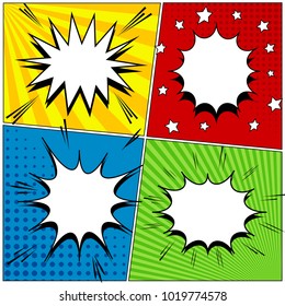 Comic book page background with four colorful scenes blank white speech bubbles sound halftone and radial effects in pop-art style. Vector illustration