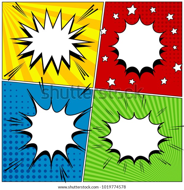 Comic book page background with four\
colorful scenes blank white speech bubbles sound halftone and\
radial effects in pop-art style. Vector\
illustration