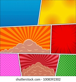 Comic book page background with halftone radial dotted rays circles explosive clouds humor effects in different colors. Pop-art style. Blank template. Vector illustration