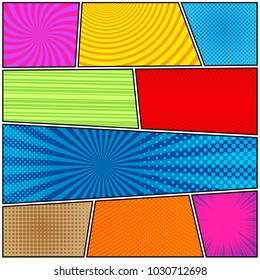 El fondo de la página de un libro de historietas con rayos de semitonos salpicados círculos radiales rayó efectos en colores brillantes al estilo pop-art. Ilustración del vector