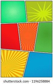 Comic book page background with halftone rays dotted radial circles striped effects in bright colors in pop-art style Vector illustration. EPS 10