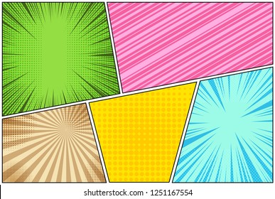 Comic book page background with halftone rays dotted radial slanted lines humor effects in different colors. Vector illustration