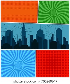 Comic book page background with night city silhouette, fireworks, radial, halftone and dotted effects in pop-art style. Vector illustration