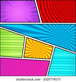 Comic book page background with radial circles striped dotted rays and halftone humor effects in different colors in pop-art style. Blank template. Vector illustration