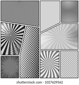 Comic book page background with radial dotted rays halftone humor effects in gray colors. Pop-art style. Vector illustration