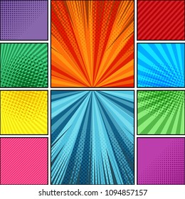 Comic book page background with radial dotted rays and slanted lines humor effects in bright colors. Vector illustration