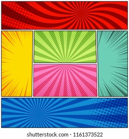 Comic book page background with radial halftone rays humor effects in different colors. Vector illustration