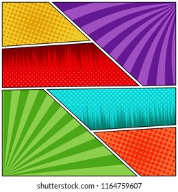 Comic book page background with radial halftone dotted rays humor effects in bright colors. Vector illustration