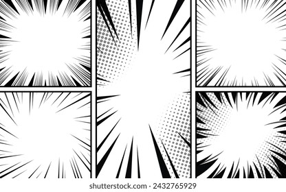 Comic book page background with radial effect. Black and white vector retro illustration