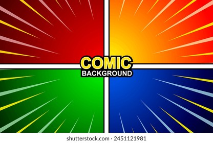 Fondo de página de cómic con efecto radial, semitono, en estilo pop art. Colorida Plantilla en blanco. Ilustración vectorial