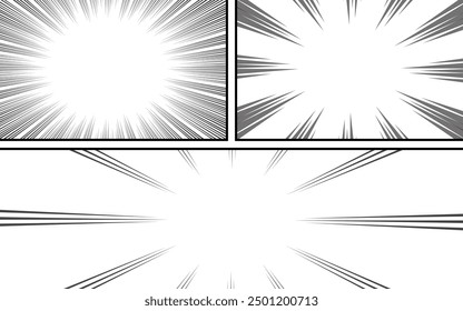 Fondo de página de cómic con rayos radiales y efecto de semitono. Ilustración vectorial en blanco y negro
