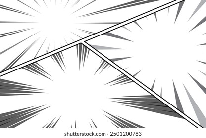 Comic book page background with radial rays and halftone effect. Black and white vector illustration