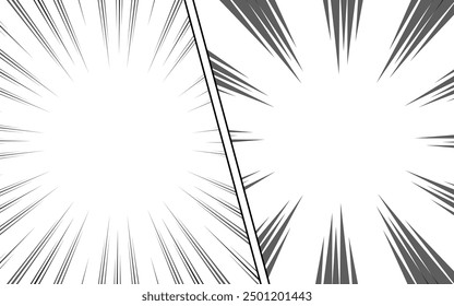 Comic book page background with radial rays and halftone effect. Black and white vector illustration