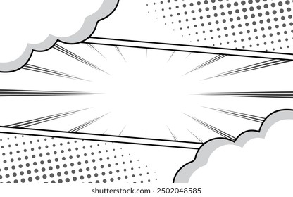 Comic book page background with radial rays and halftone effect. Black and white vector illustration