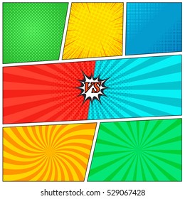 Comic book page background with radial halftone effects, rays and versus wording scene in pop-art style. Colorful blank template. Vector illustration
