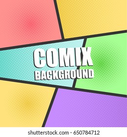 Comic book page background with radial, halftone effects and rays in pop-art style. Blank template in green, yellow, blue and red colors. Vector illustration