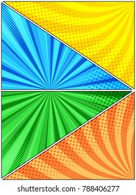 Comic book page background with radial and halftone effects in green blue orange yellow colors. Vector illustration