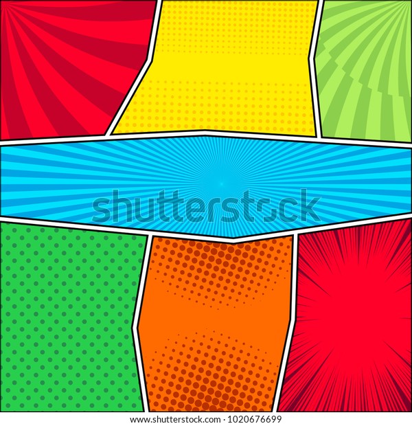 Comic book page\
background with radial rays dotted halftone effects and bent\
dividing lines. Vector\
illustration