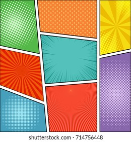 Comic book page background with rays, radial, dotted and halftone effects in different colors. Blank template. Vector illustration