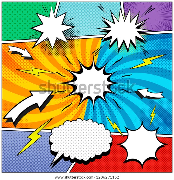 Comic book page background with speech\
bubbles lightnings sound arrows halftone rays and radial effects in\
different colors. Vector\
illustration