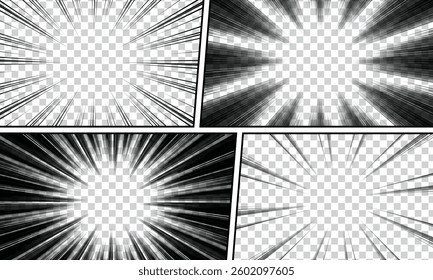Comic book page background template. Radial background with halftone effect in pop art style design.
