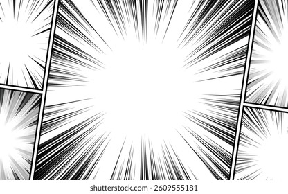Comic book page background template. Radial rays background with halftone effect. Vector illustration