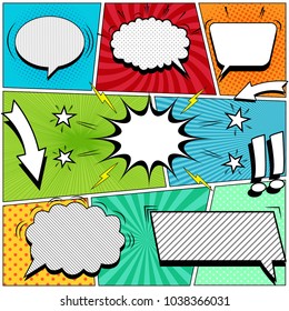 Comic book page background with white speech bubbles arrows stars exclamation points lightnings sound halftone rays dotted striped and radial effects in pop-art style. Vector illustration