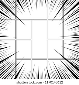 Comic book page background with white empty frames and black rays. Vector illustration