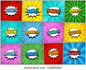 Comic book page backgrounds set with white speech bubbles different colorful wordings radial halftone and rays humor effects. Vector illustration