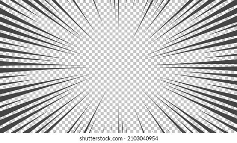Página de historietas con líneas negras aisladas en fondo transparente. Plantilla con la textura de efecto de los rayos de explosión de flash. Ilustración del vector