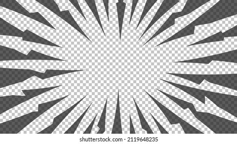Página de historietas con líneas negras aisladas en fondo transparente. Plantilla con la textura de efecto de los rayos de explosión de flash. Ilustración del vector
