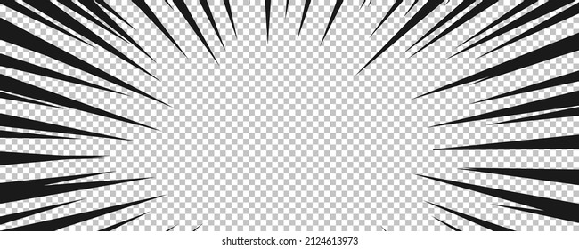 Comic book page with black lines isolated on transparent background. Template with flash explosion rays effect texture. Vector illustration