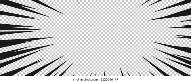 Comic book page with black lines isolated on transparent background. Template with flash explosion rays effect texture. Vector illustration
