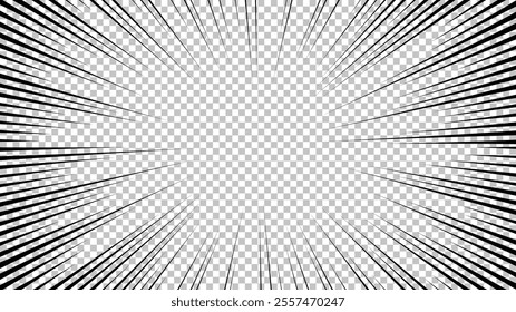 Comic book page with black lines isolated on transparent background. Template with flash explosion rays effect texture. Vector illustration