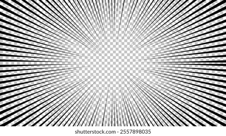 Comic book page with black lines isolated on transparent background. Template with flash explosion rays effect texture. Vector illustration