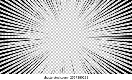 Comic book page with black lines isolated on transparent background. Template with flash explosion rays effect texture. Vector illustration