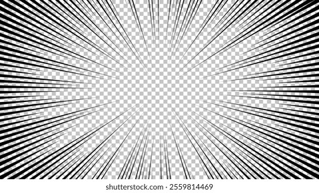 Comic book page with black lines isolated on transparent background. Template with flash explosion rays effect texture. Vector illustration