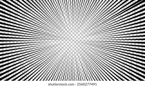 Comic book page with black lines isolated on transparent background. Template with flash explosion rays effect texture. Vector illustration