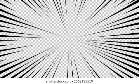 Comic book page with black lines isolated on transparent background. Template with flash explosion rays effect texture. Vector illustration