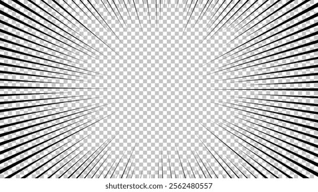 Comic book page with black lines isolated on transparent background. Template with flash explosion rays effect texture. Vector illustration