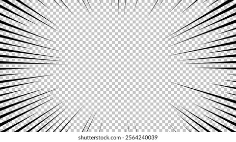 Comic book page with black lines isolated on transparent background. Template with flash explosion rays effect texture. Vector illustration