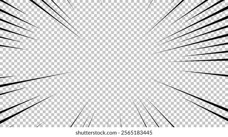 Comic book page with black lines isolated on transparent background. Template with flash explosion rays effect texture. Vector illustration