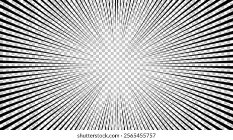 Comic book page with black lines isolated on transparent background. Template with flash explosion rays effect texture. Vector illustration