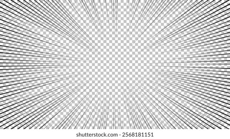 Comic book page with black lines isolated on transparent background. Template with flash explosion rays effect texture. Vector illustration