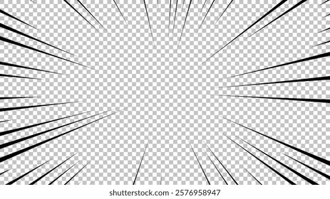 Comic book page with black lines isolated on transparent background. Template with flash explosion rays effect texture. Vector illustration