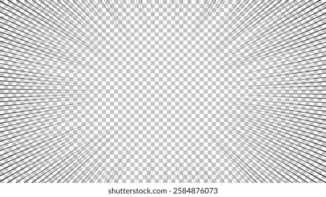 Comic book page with black lines isolated on transparent background. Template with flash explosion rays effect texture. Vector illustration