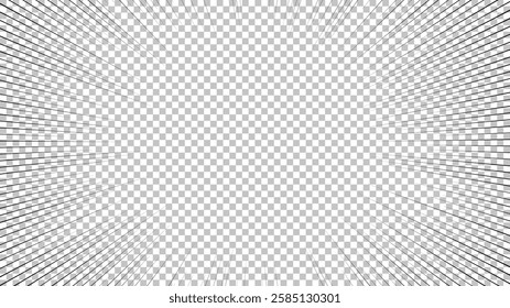 Comic book page with black lines isolated on transparent background. Template with flash explosion rays effect texture. Vector illustration