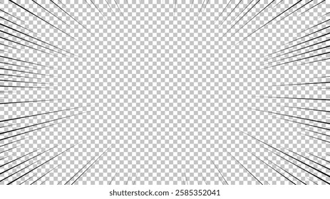 Comic book page with black lines isolated on transparent background. Template with flash explosion rays effect texture. Vector illustration