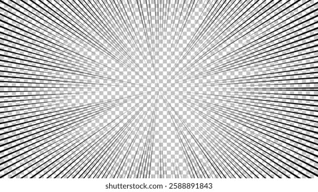 Comic book page with black lines isolated on transparent background. Template with flash explosion rays effect texture. Vector illustration